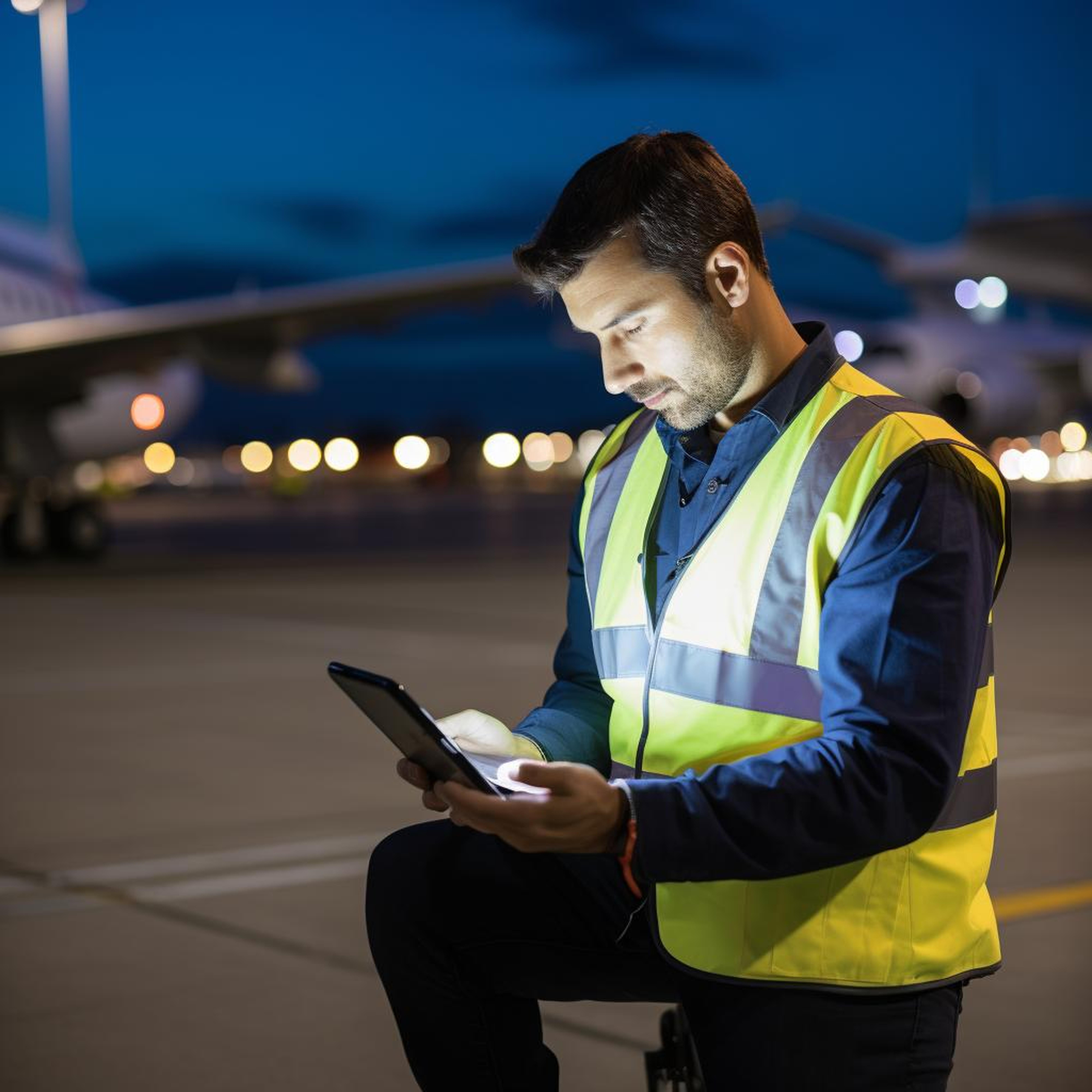 mann in weste in flughafen und tablet in der hand