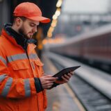 mann auf gleis in bahnhof mit tablet in der hand